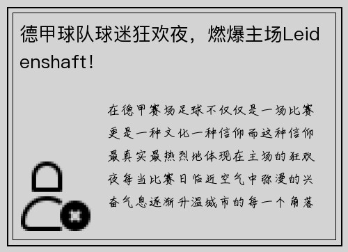 德甲球队球迷狂欢夜，燃爆主场Leidenshaft！